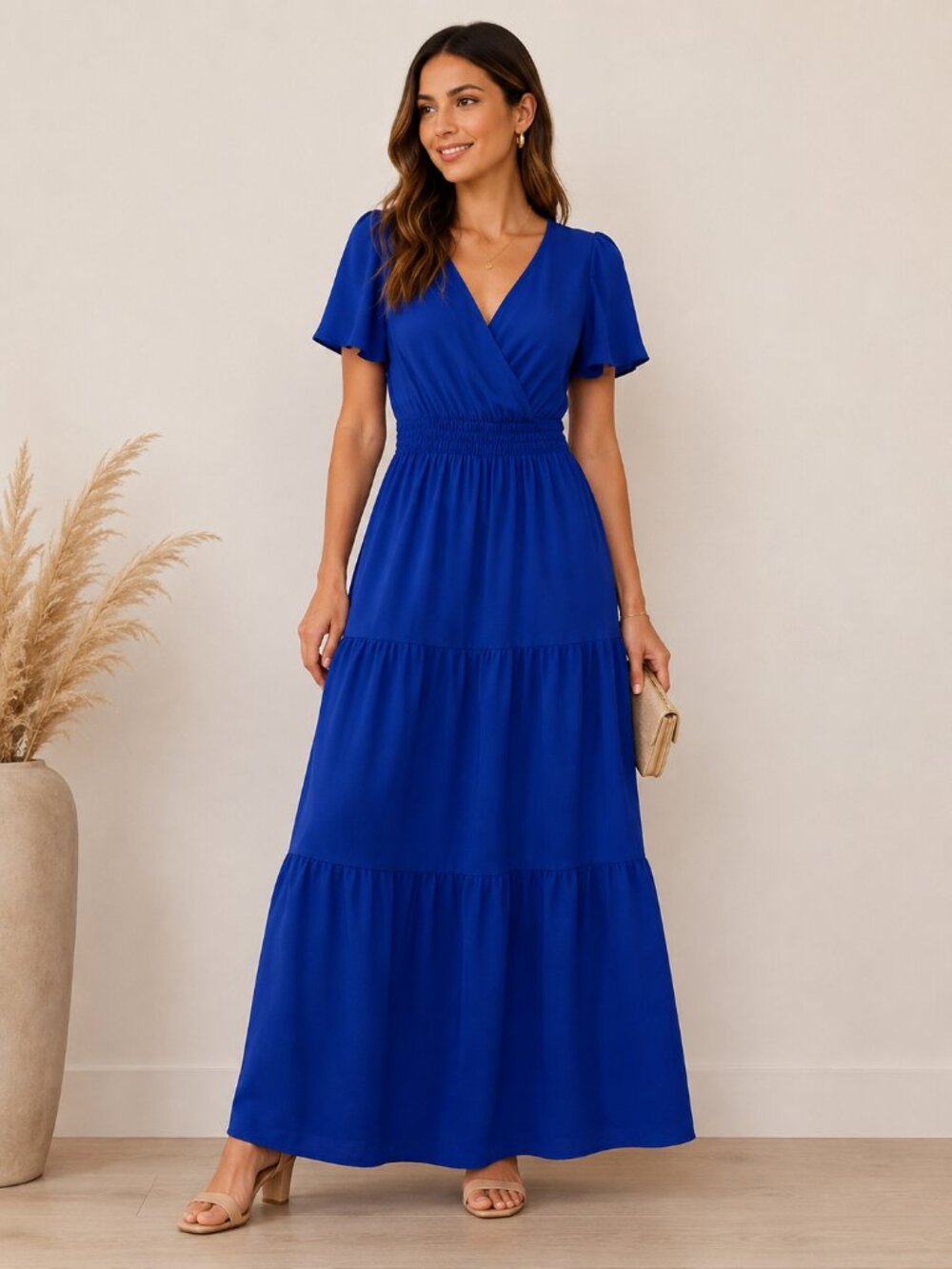 Monteau Los Angeles Royal Blue Maxi Dress Flutter Sleeve Smocked Waist Small